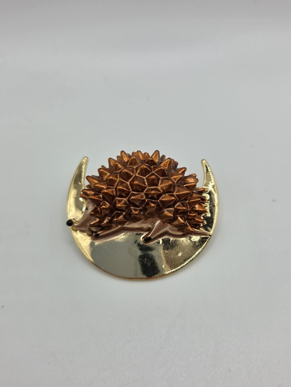 Hedgehog Crescent Moon Brooch Gold Tone Brown Enamel Woodland New